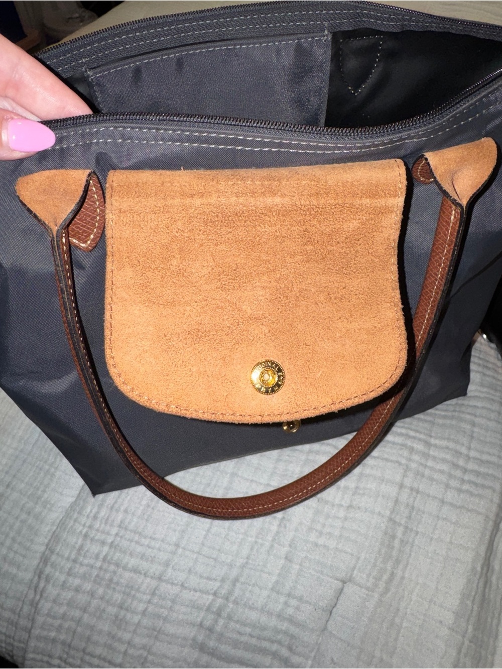 Longchamp Le Pliage Small Dark Gray Nylon Shoulder Tote Brown Leather - Picture 10 of 12